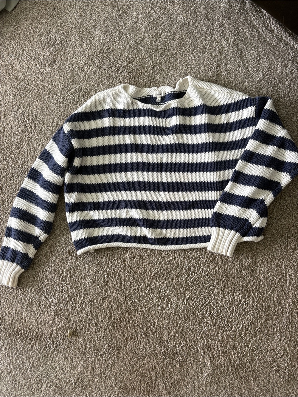 aerie Navy and White Striped Cropped Crewneck Sweater